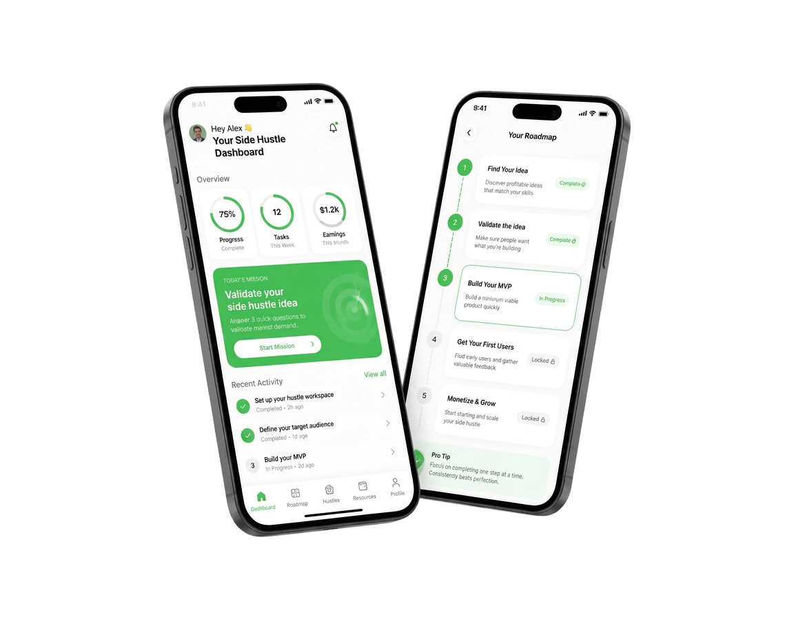 Real Side Hustles mobile app dashboard and roadmap